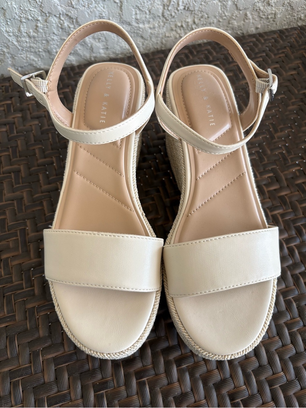 Kelly & Katie Neutral Cream Wedge Sandals with Ankle Strap